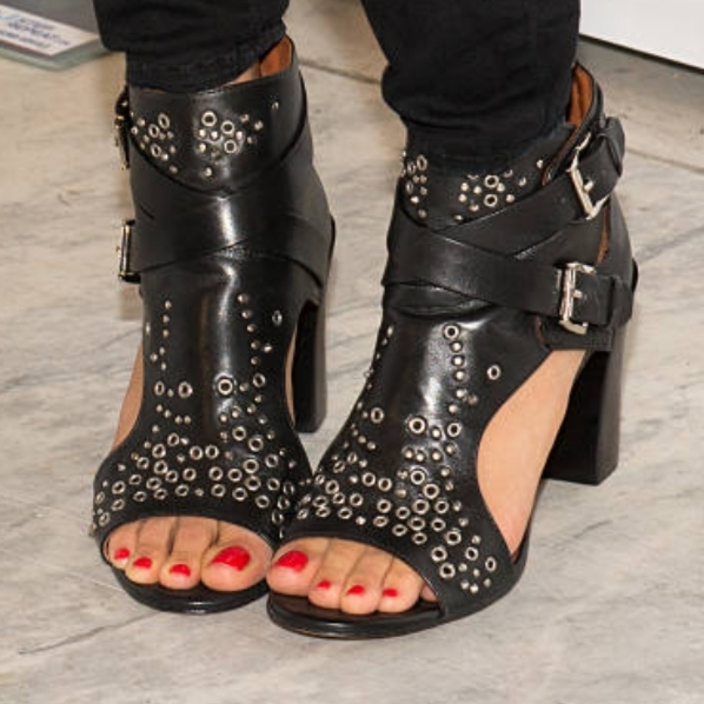 Rebecca Minkoff Open Toe Studded Cutout Bootie-Salma Block High Heel Dark Indie.
